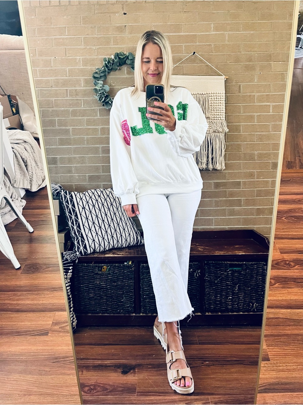 Fantastic Fawn White Sequin GOLF Crewneck with Pink Club Accent